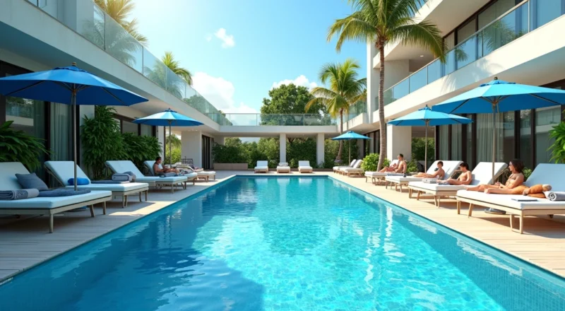 Piscina de hotel com espreguiçadeiras e guarda-sóis em área de lazer durante o dia