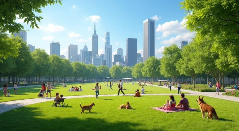 Staycation: Guia Prático Para Férias e Turismo na Sua Cidade 1 Pessoas aproveitando dia ensolarado em parque urbano com árvores e áreas de lazer