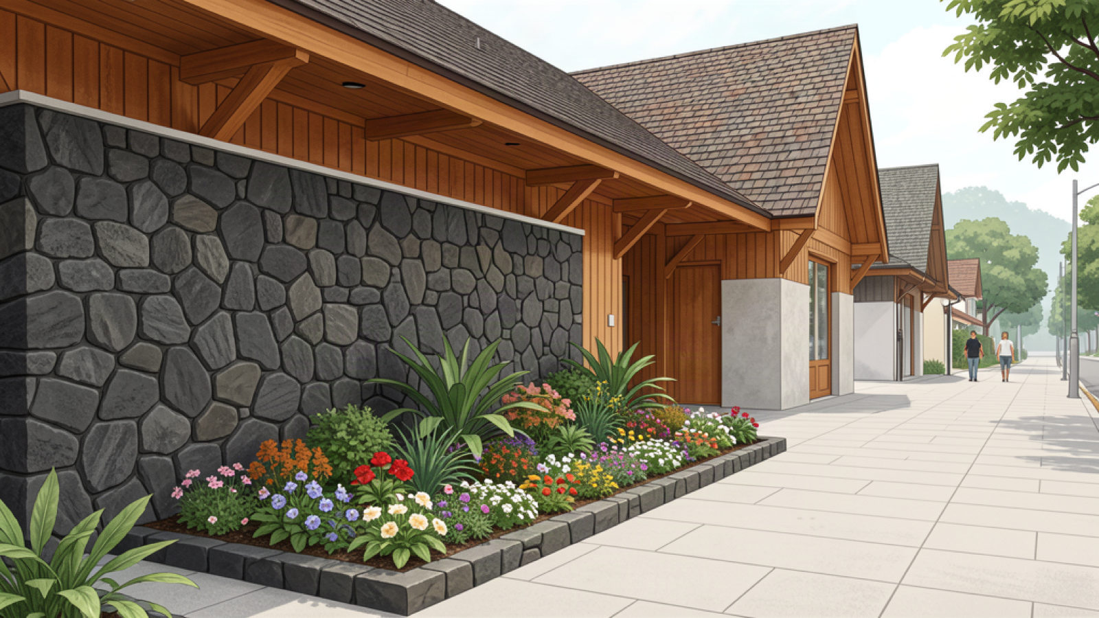 Illustrated flowerbed beside basalt-stone and timber architecture in central Gramado.
