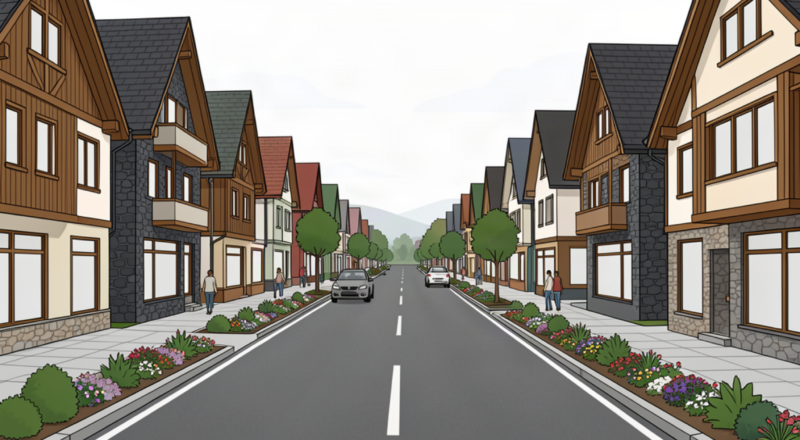 Illustrated central Gramado avenue with landscaped sidewalks, cars and steep-roof buildings.