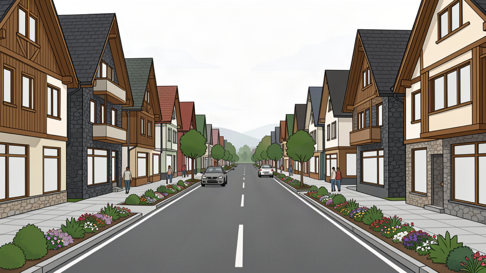 Illustrated central Gramado avenue with landscaped sidewalks, cars and steep-roof buildings.