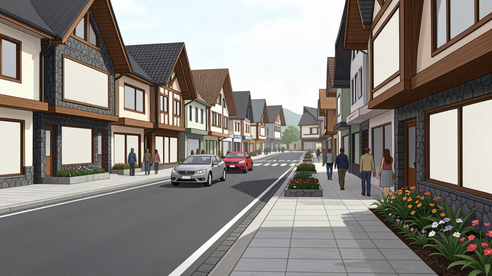 Illustrated Gramado streetscape with cars, broad sidewalks, flowerbeds and steep-roof façades.
