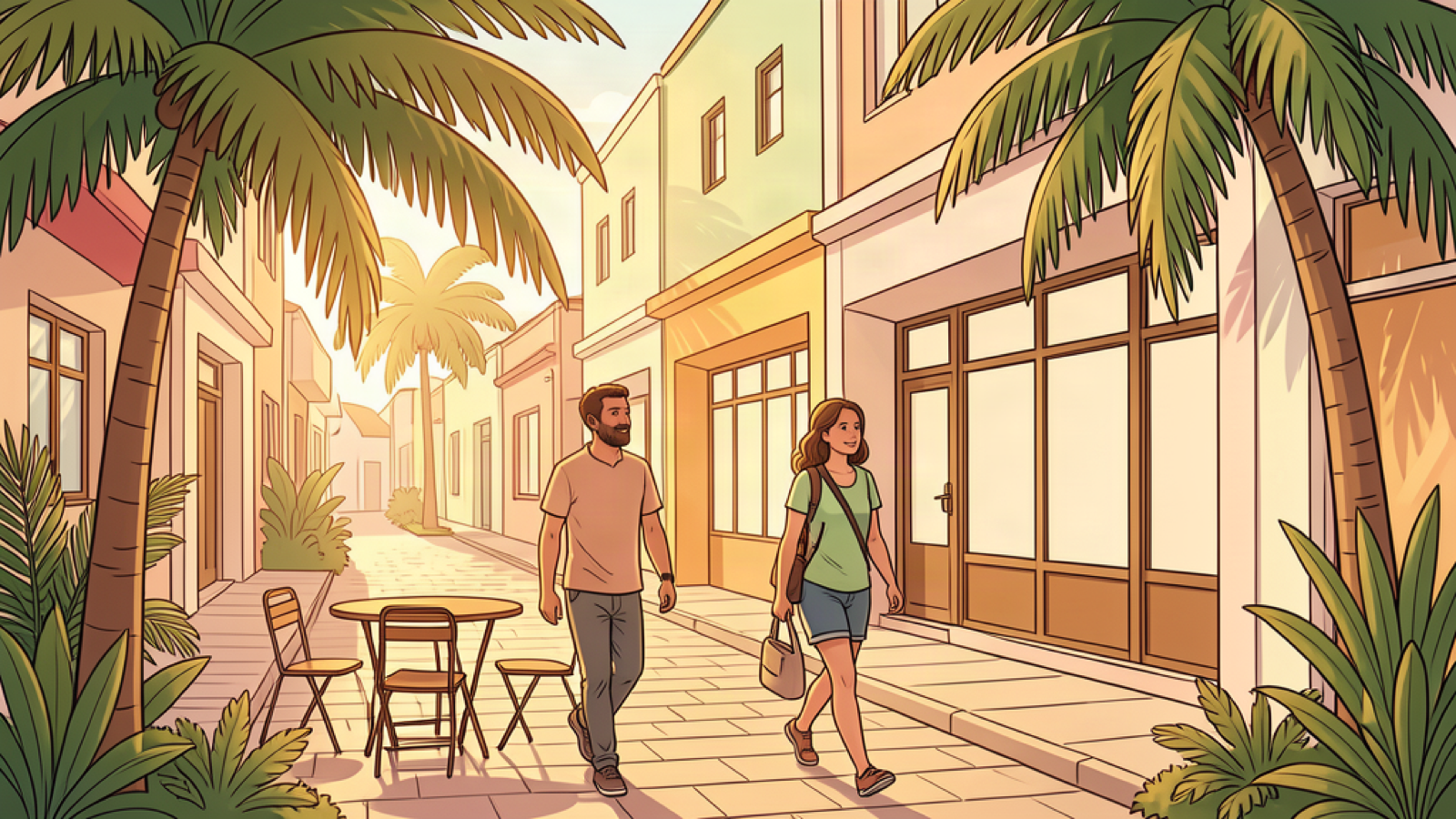 Travelers walking beside tropical trees and blank storefronts in a downtown illustration