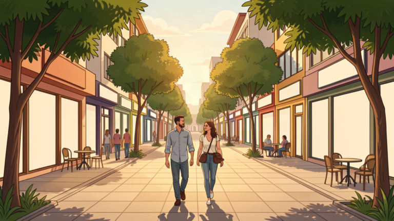 Travelers walking along a tree-lined commercial avenue in central Foz do Iguaçu