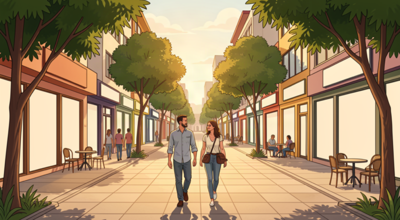 Travelers walking along a tree-lined commercial avenue in central Foz do Iguaçu