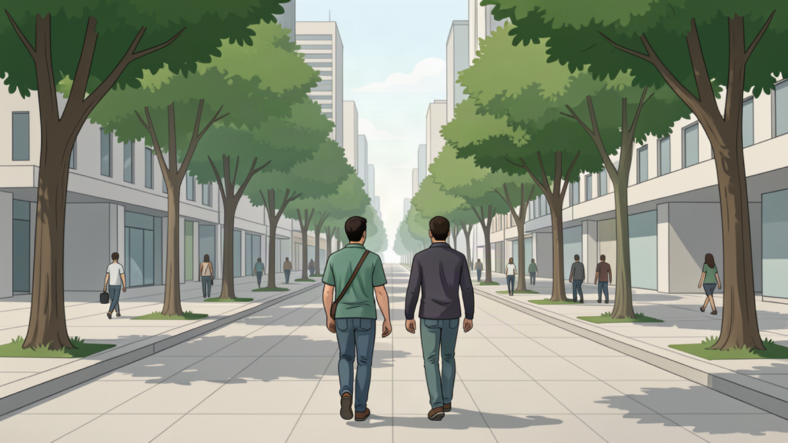 Travelers walking along a broad, tree-lined urban avenue with modern buildings.