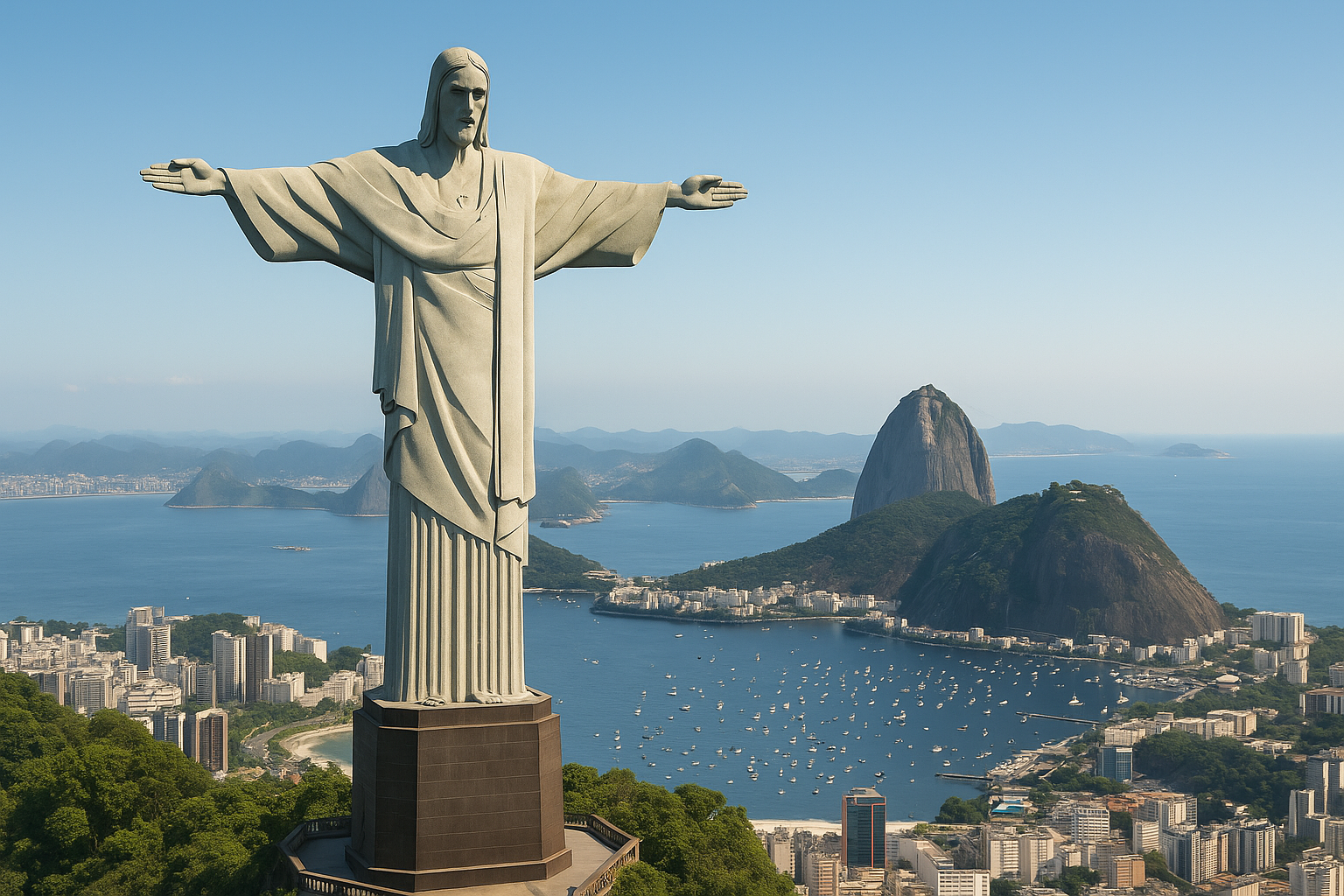 Christ the Redeemer statue on Corcovado mountain with Sugarloaf Mountain visible in the background in Rio de Janeiro