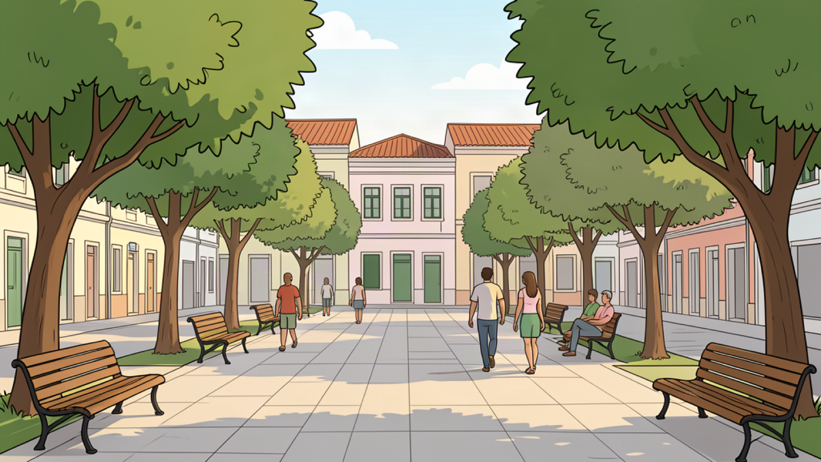 People walking along a tree-lined civic square in a downtown illustration
