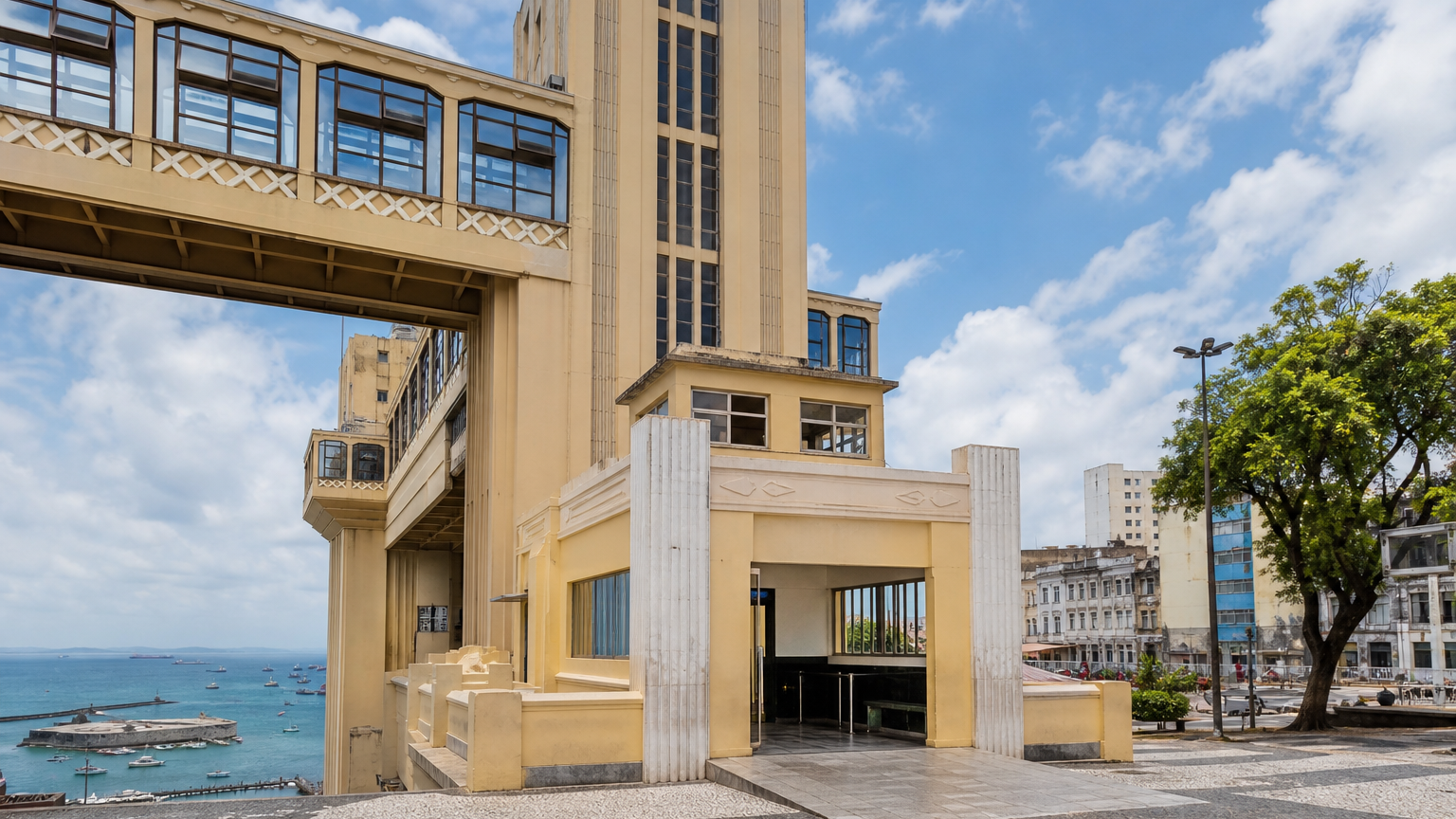 The entrance and cabins of the Elevador Lacerda at Praça Tomé de Souza in Salvador.