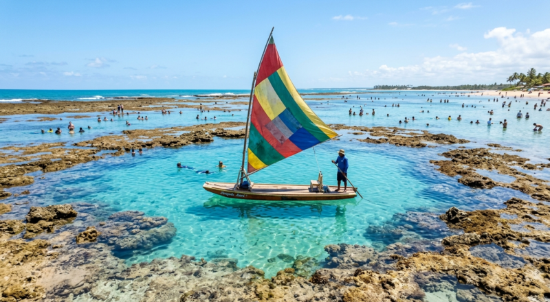 A traditional jangada boat floating in the clear, shallow natural pools of Porto de Galinhas during low tide.