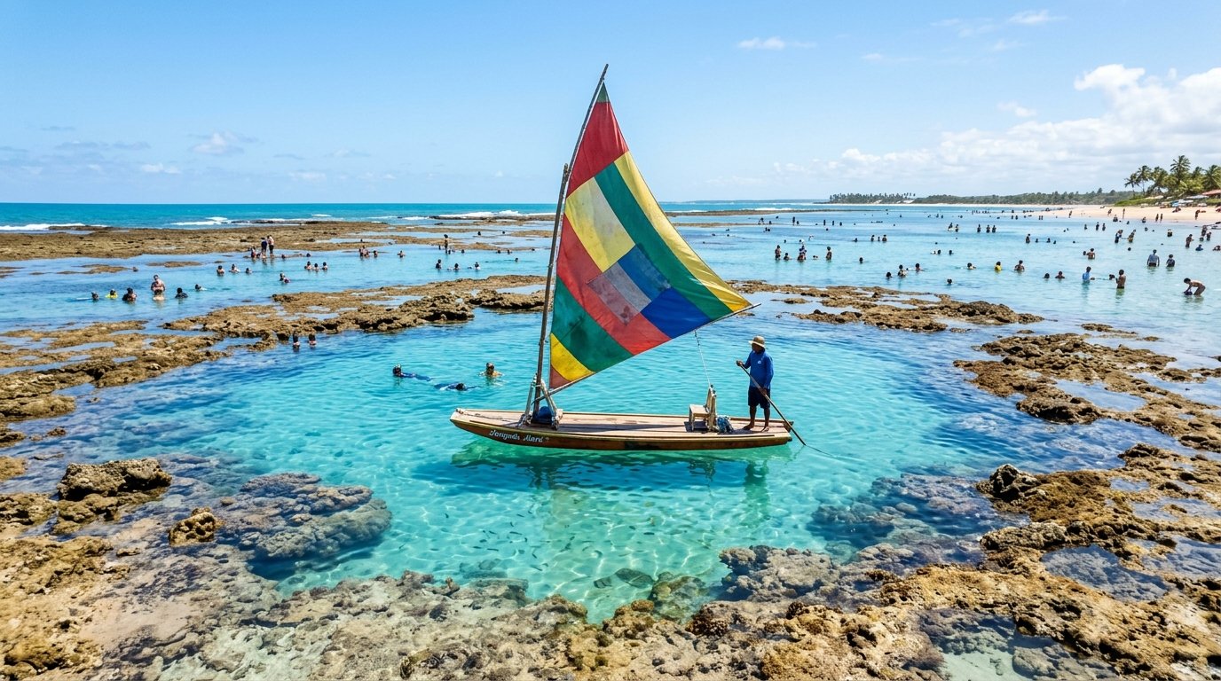 A traditional jangada boat floating in the clear, shallow natural pools of Porto de Galinhas during low tide.