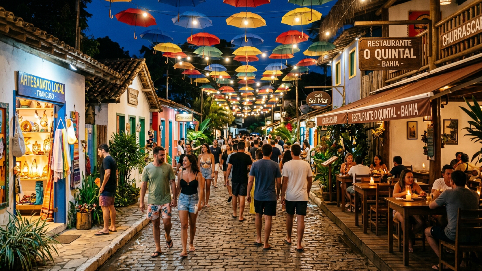 Exploring Vila de Porto de Galinhas: A Walkable Guide to the Center 1 Colorful umbrellas suspended over a lively pedestrian street in Vila de Porto de Galinhas