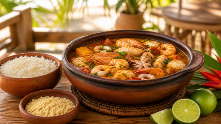 Clay pot of Bahian-style seafood stew served with rice, farofa and lime.