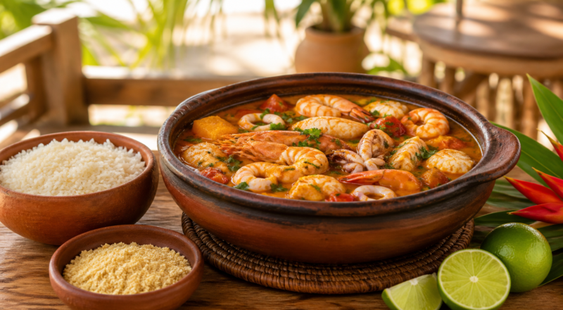 Clay pot of Bahian-style seafood stew served with rice, farofa and lime.
