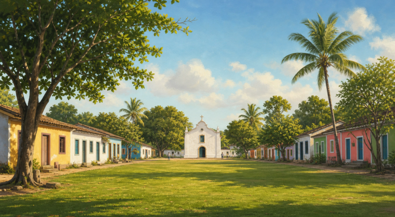 Broad green Quadrado in Trancoso framed by colorful low buildings and a white church.