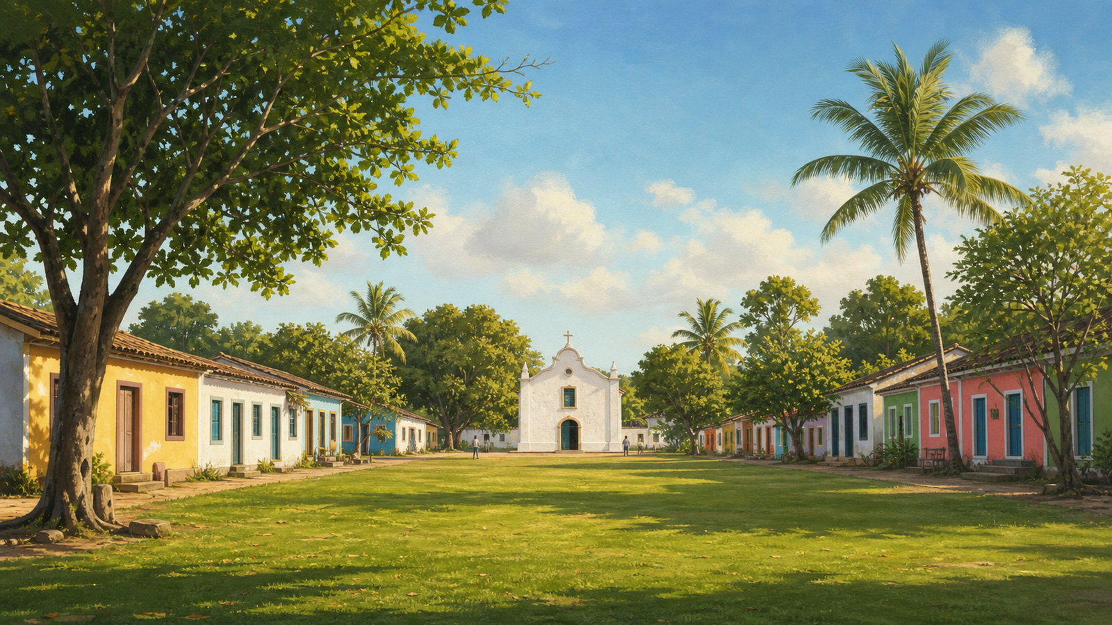 What to do in Trancoso: a first-day route that does not feel rushed 1 Broad green Quadrado in Trancoso framed by colorful low buildings and a white church.