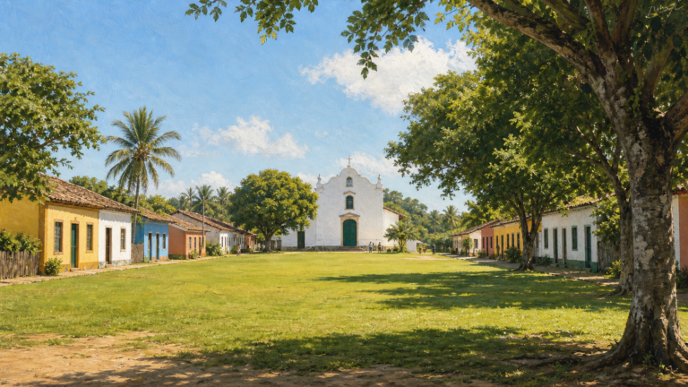 Broad green Quadrado in Trancoso framed by colorful low buildings and a white church.