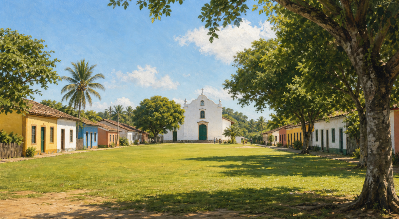 Broad green Quadrado in Trancoso framed by colorful low buildings and a white church.