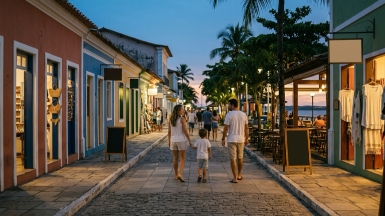 Travelers walking along a colorful pedestrian street in Porto Seguro at dusk.