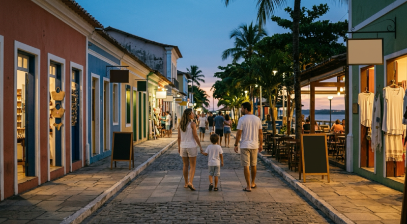 Travelers walking along a colorful pedestrian street in Porto Seguro at dusk.