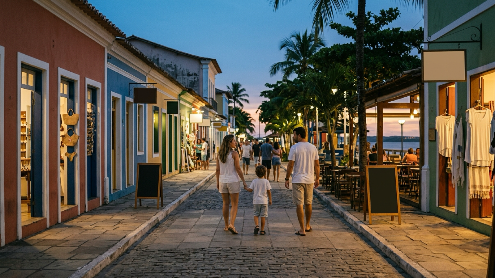 Travelers walking along a colorful pedestrian street in Porto Seguro at dusk.