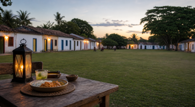 Outdoor dinner table with Brazilian food beside low colorful façades and trees at twilight