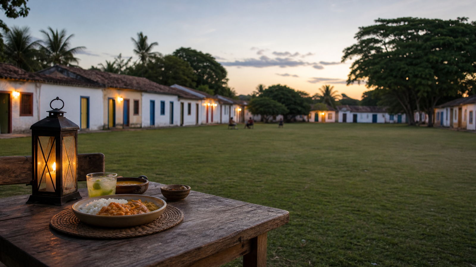 Outdoor dinner table with Brazilian food beside low colorful façades and trees at twilight