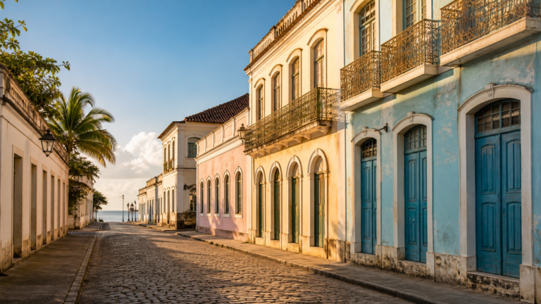 Colorful historic buildings in Jaraguá, Maceió