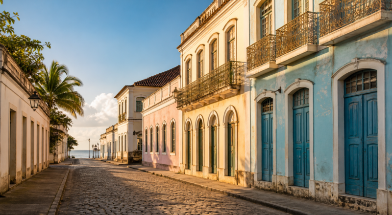 Colorful historic buildings in Jaraguá, Maceió