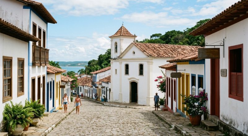 Colonial church and low historic houses along a street in Porto Seguro’s Cidade Alta.