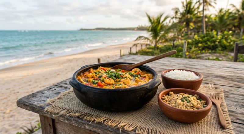 Bahian-style seafood meal on a wooden table beside a tropical beach