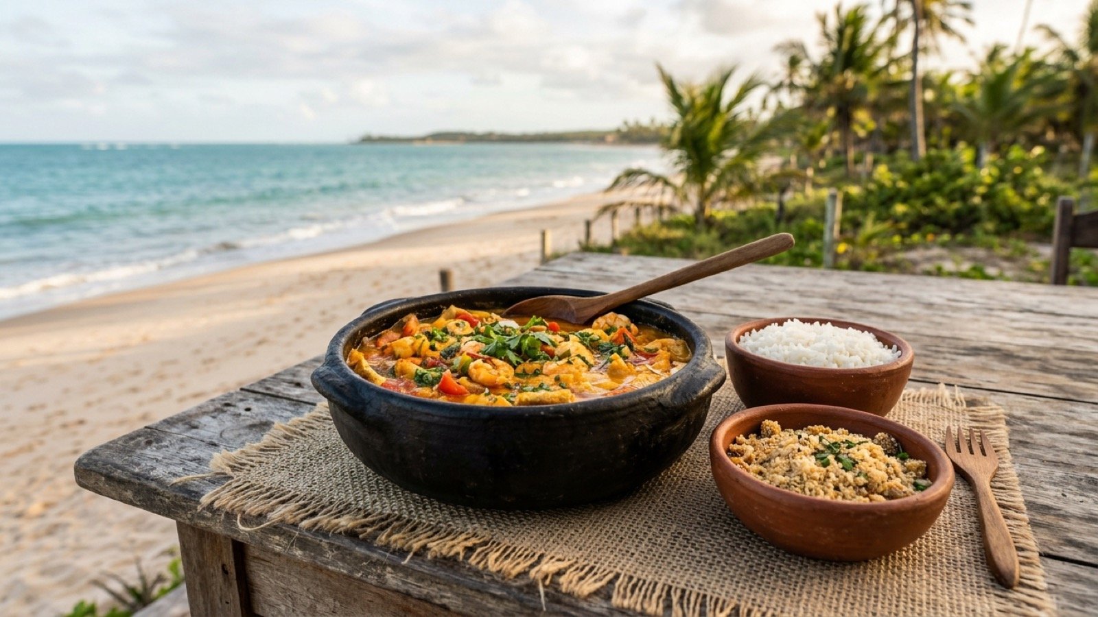 Where to eat in Porto Seguro: beach barracas and Bahian food for every budget 1 Bahian-style seafood meal on a wooden table beside a tropical beach