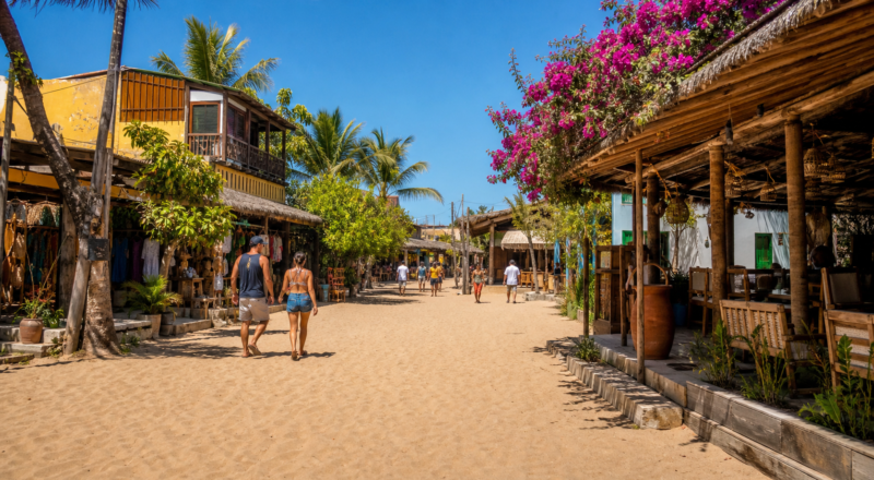 Rua de areia no centro da Vila de Jericoacoara com lojas rústicas.