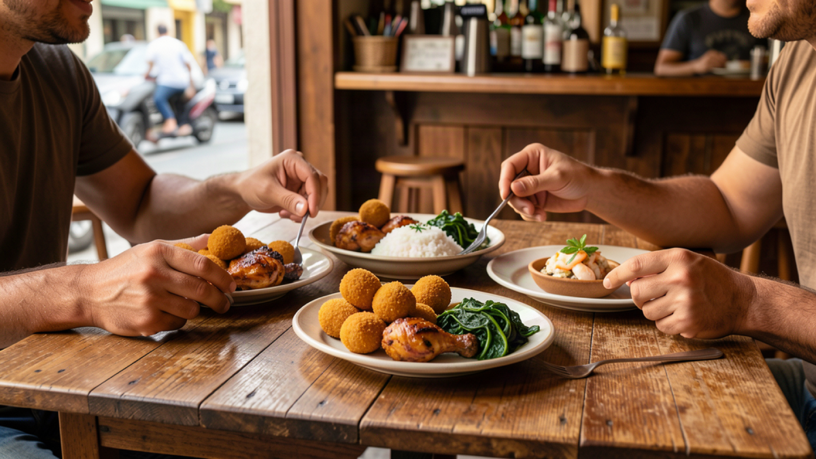 Shared Brazilian bar foods on a wooden table in a warm, casual setting.