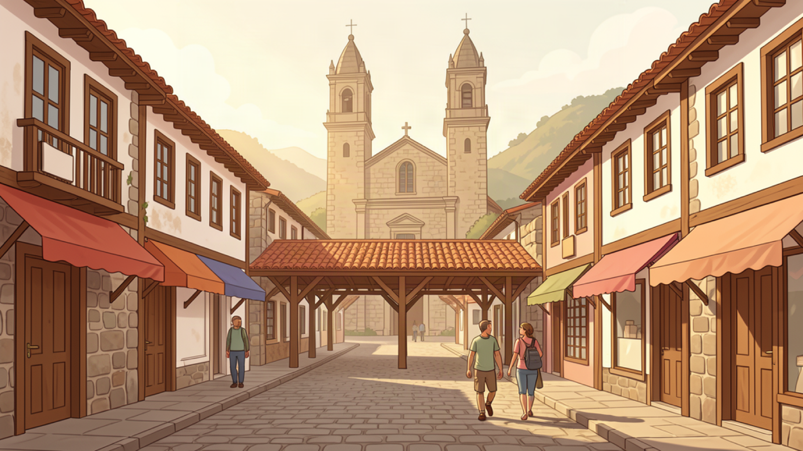 Visitors walking through a generalized southern Brazilian town center with a church silhouette and covered passage.