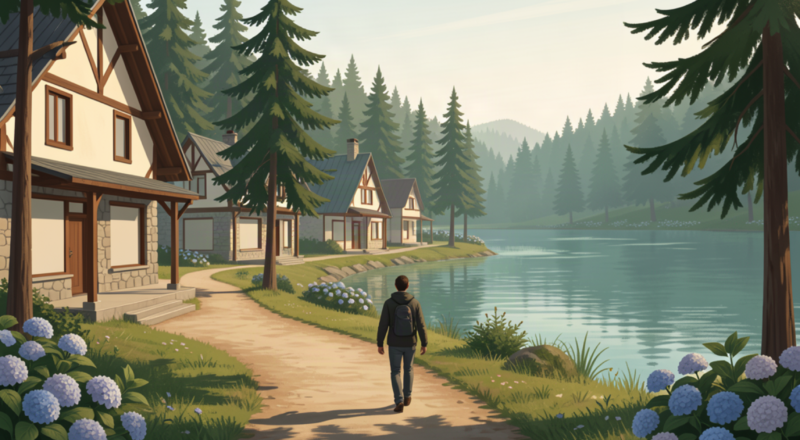 Traveler walking from a cozy southern Brazilian town center toward a calm pine-edged lake.