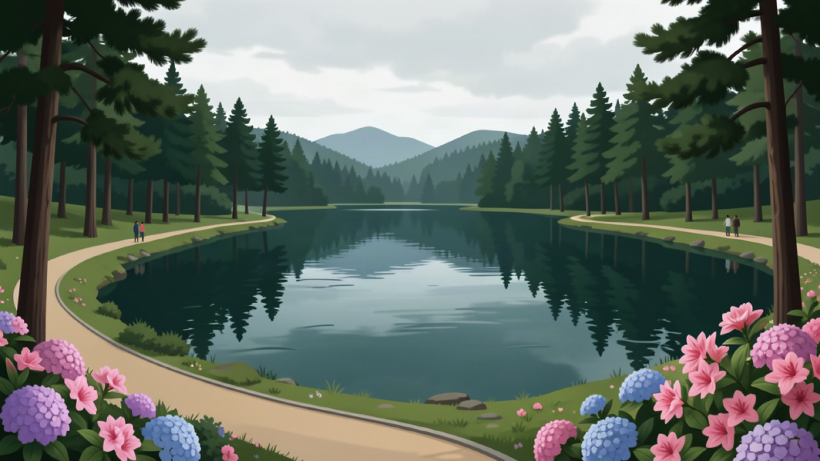 Pine-edged lake with walking paths and flowers in a generalized southern Brazilian highland scene.