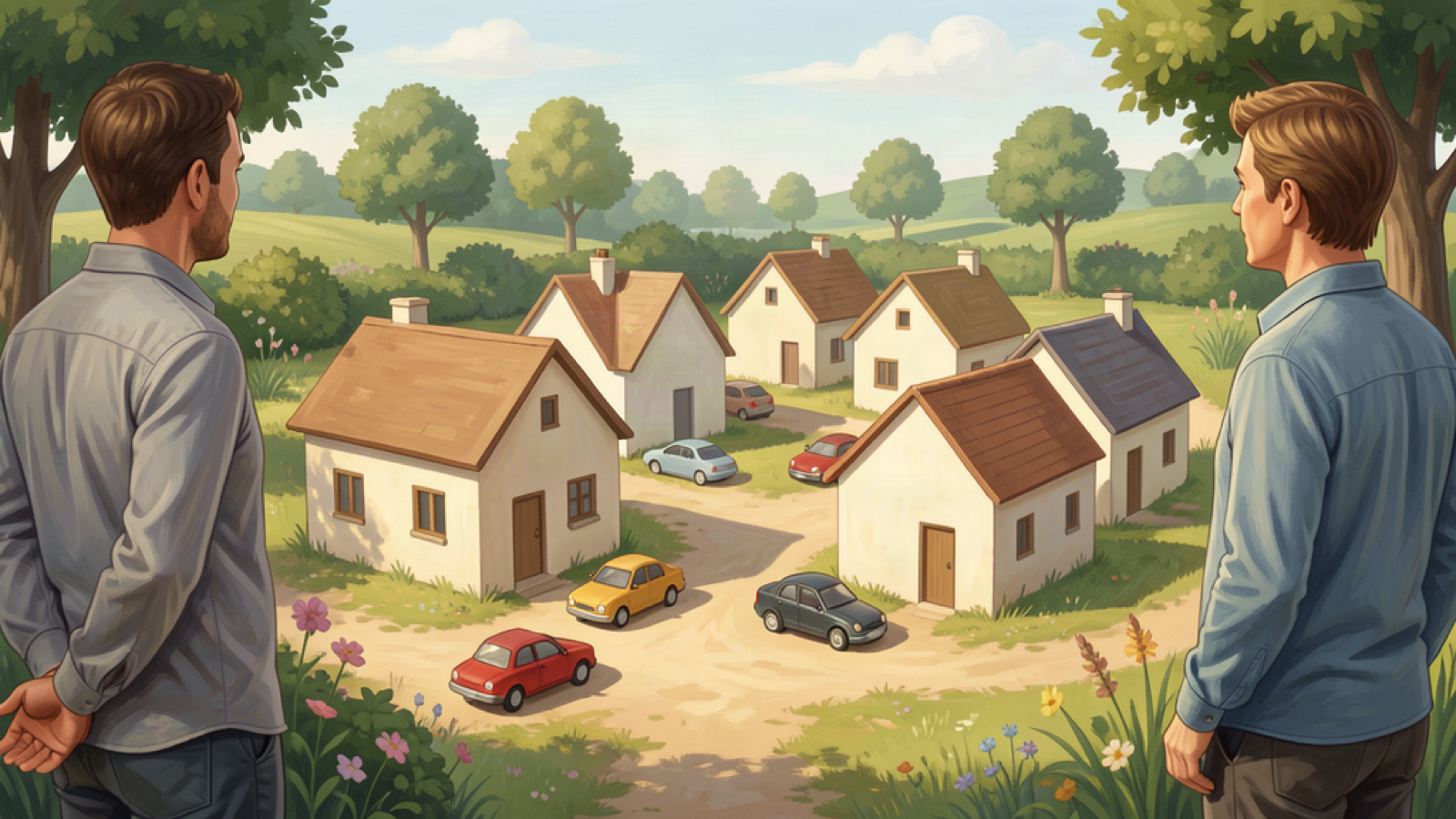 Two visitors observing a handcrafted fictional miniature village with small houses and cars.