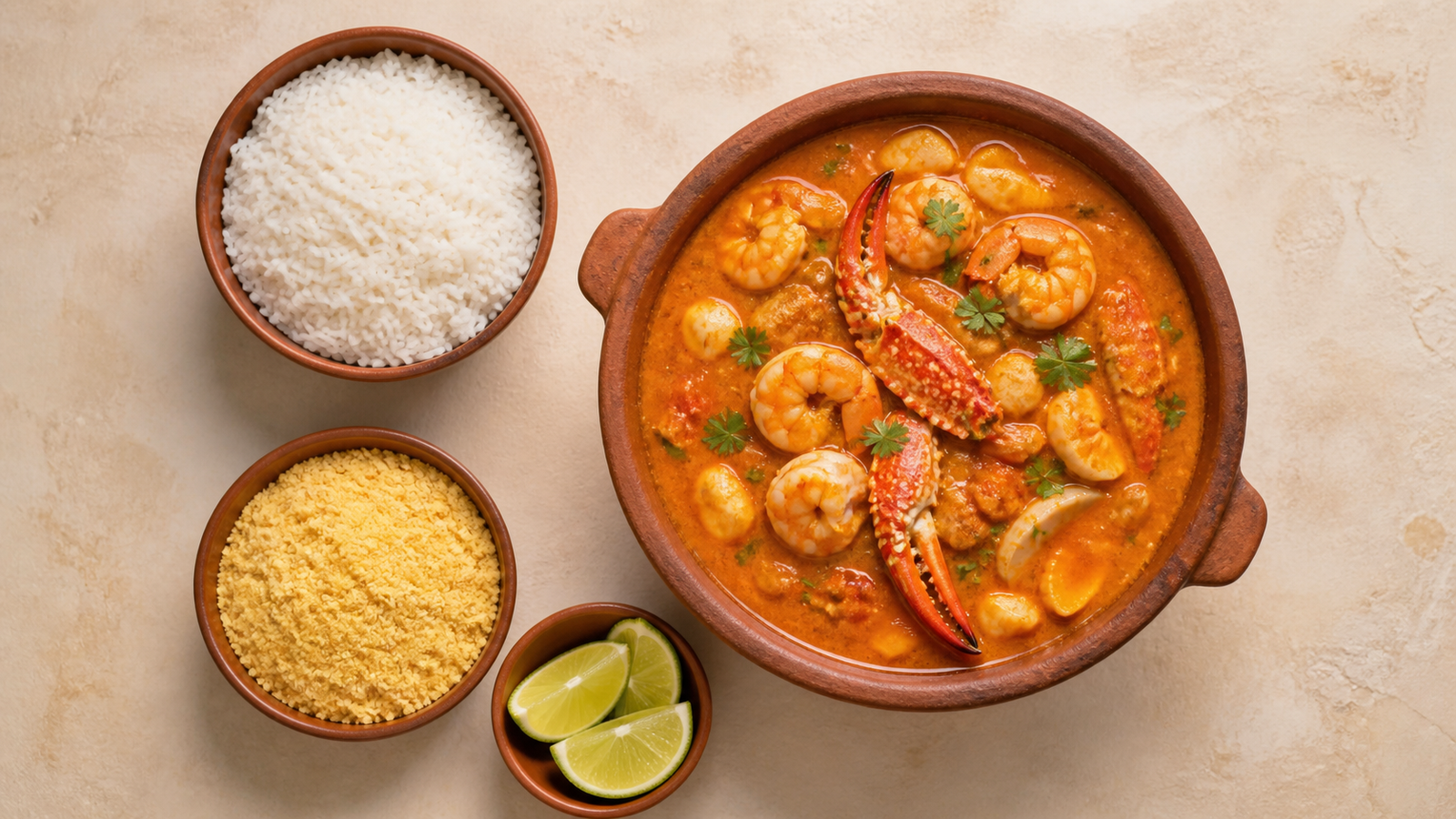 Where to eat in Arraial d'Ajuda: Bahian food for every budget 2 Top-down view of a clay-pot Bahian seafood stew served with rice, farofa and fresh lime.