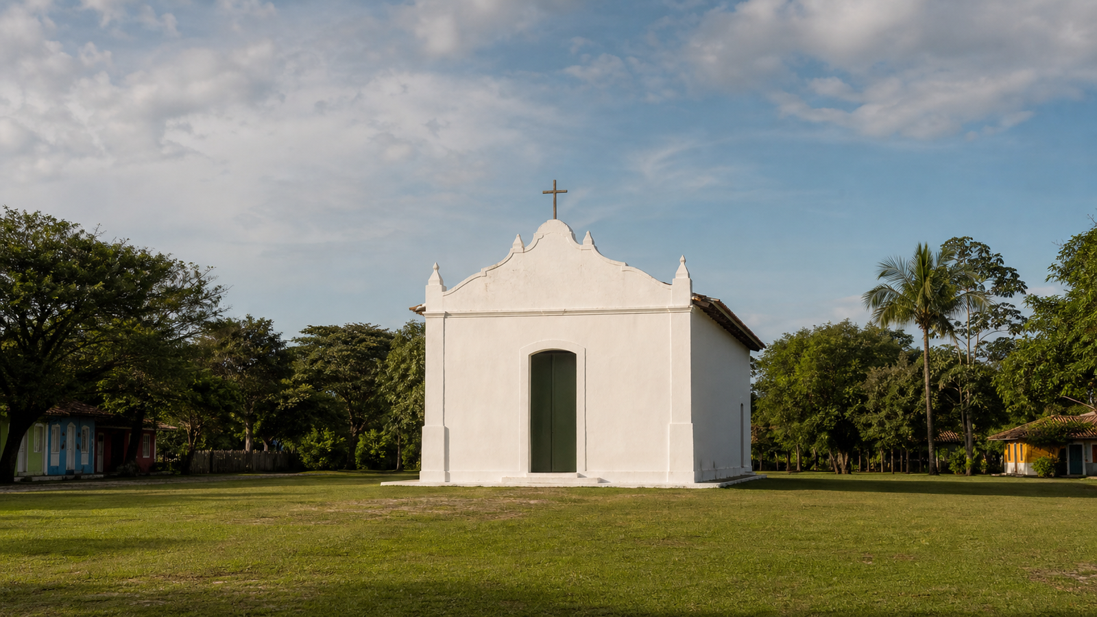 Simple white São João Batista church seen from the grassy end of Trancoso’s Quadrado.