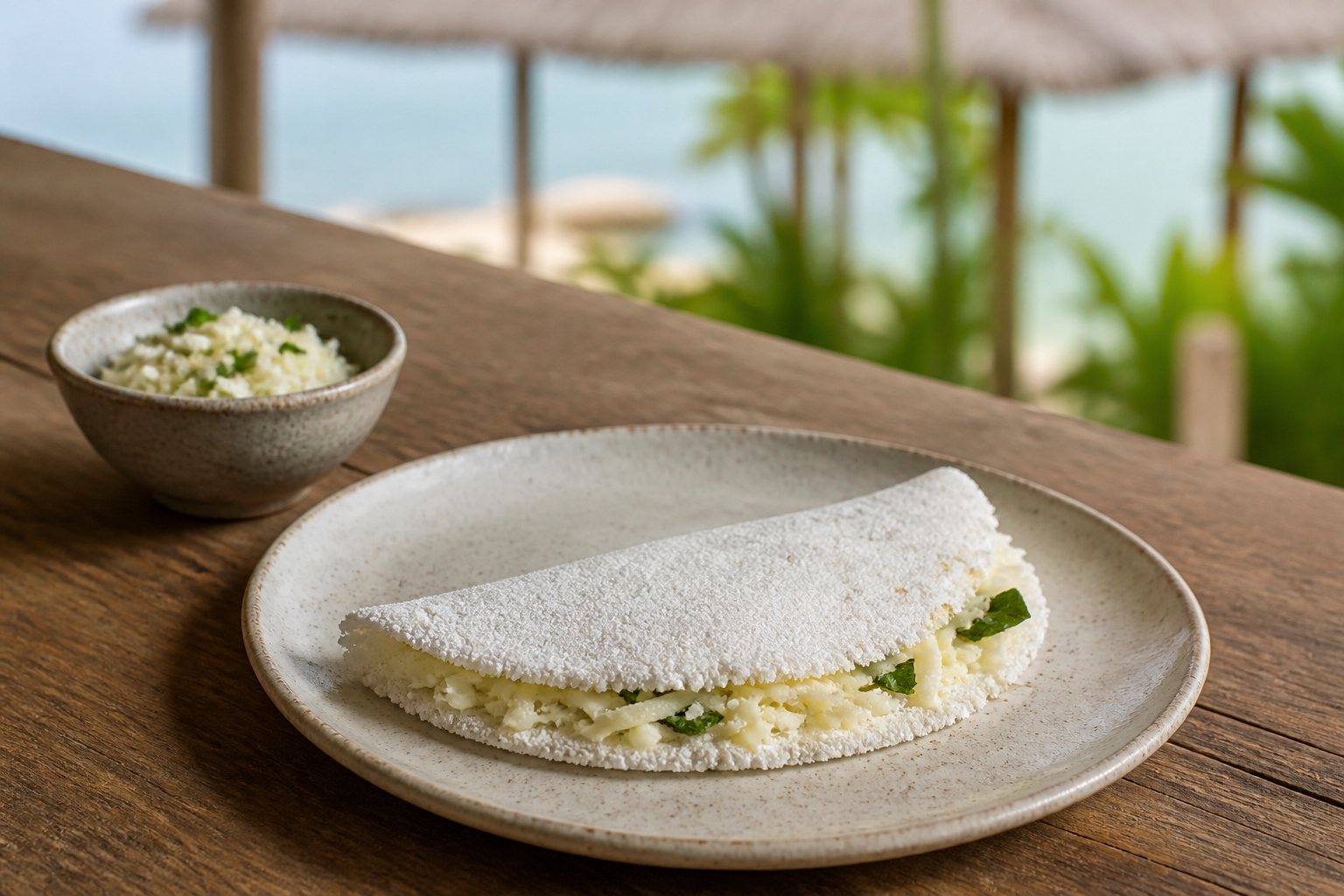 Where to eat around Trancoso's Quadrado for different budgets 2 Fresh folded tapioca on a ceramic plate at a simple wooden counter