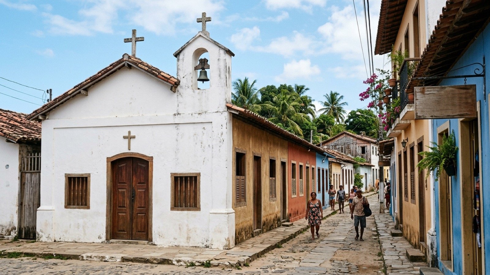 Closer street-level view of a simple whitewashed colonial church facade and low-rise colonial casario in Cidade Alta.