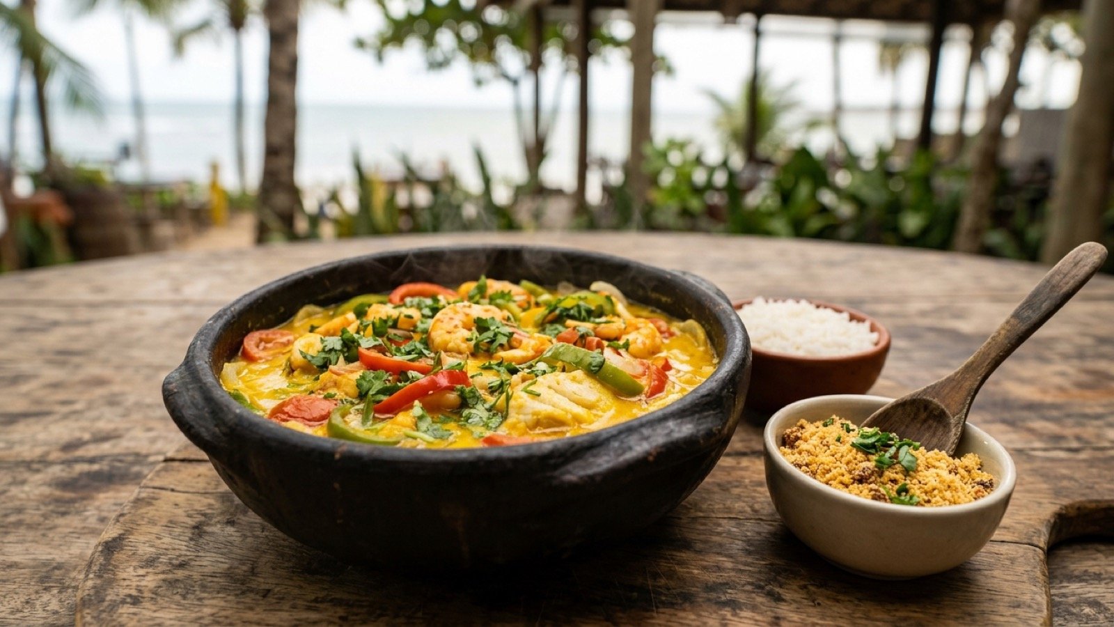 Moqueca-style fish and seafood stew in a plain dark clay bowl with rice and farofa