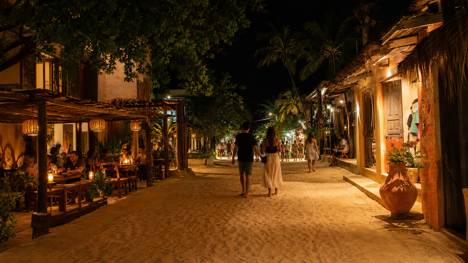Vila de Jericoacoara: The Complete Walking Guide to the Center 3 Rua rústica à noite com areia, restaurantes e pessoas. Vida noturna em Jericoacoara. Imagem ilustrativa.