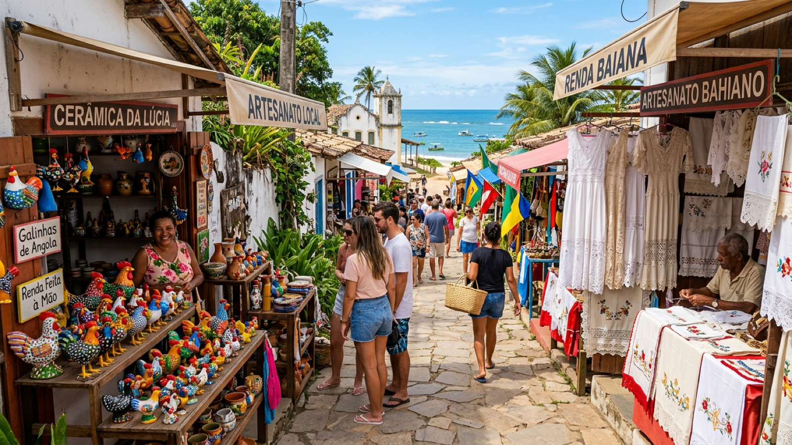 Artesanato local com as tradicionais galinhas de cerâmica