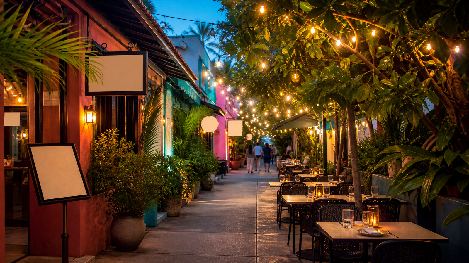 Where to eat in Arraial d'Ajuda: Bahian food for every budget 3 Colorful intimate tropical pedestrian dining lane at early evening, outdoor tables, warm string lights.