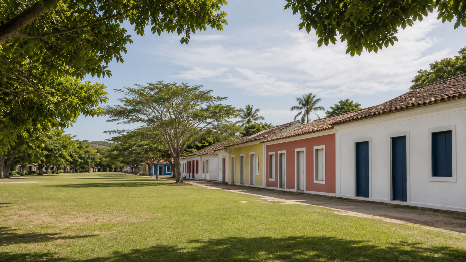 Wide grassy edge of the Quadrado beside a row of low colorful façades in Trancoso.