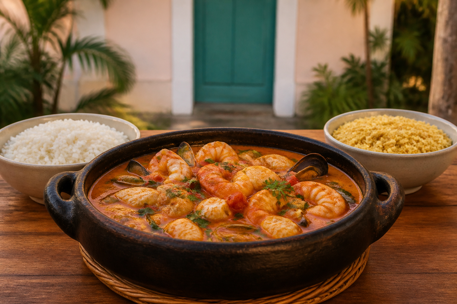 Where to eat around Trancoso's Quadrado for different budgets 3 Bahian seafood stew with rice and farofa on an unbranded wooden table
