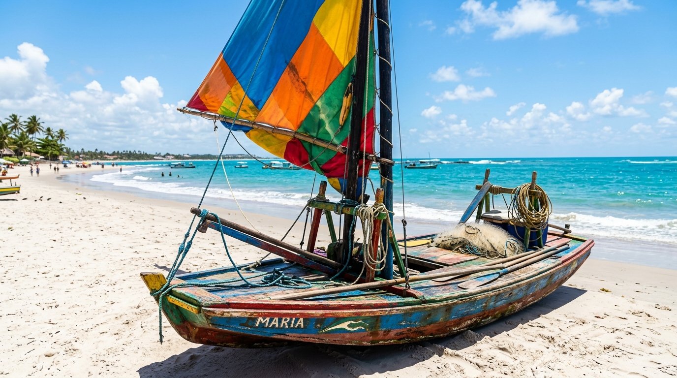 A colorful wooden jangada boat on the white sand beach.