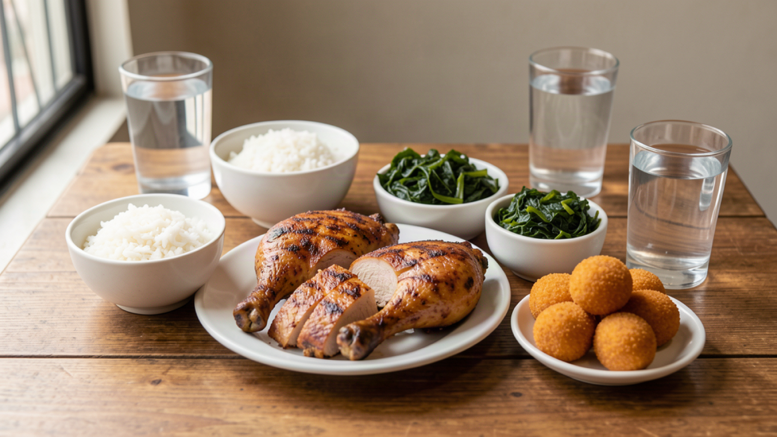 Where to Eat in Rio: Traditional Spots for Every Budget 3 Grilled chicken, rice, greens, and croquettes arranged for sharing.